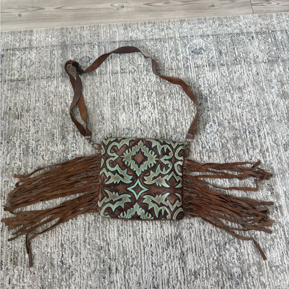 Brown and Turquoise Fringe Leather Purse